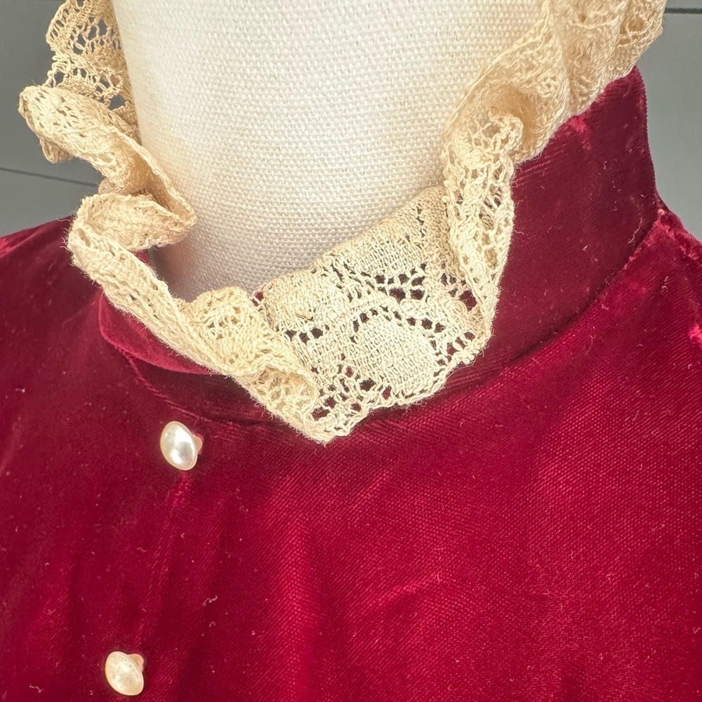 Vintage Red Velvet Like 1960’s Zippered Dress with Cream Lace, Christmas - Picture 3 of 16